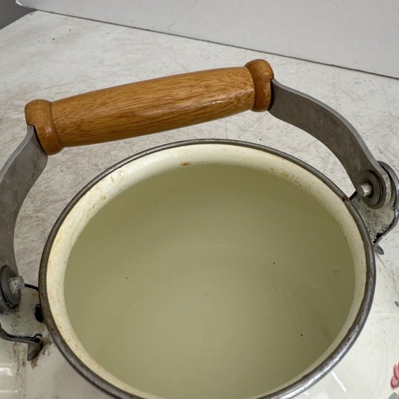 Kitchen Vintage Enamelware Beige W Flowers Teakettle W Wood Handle Gc